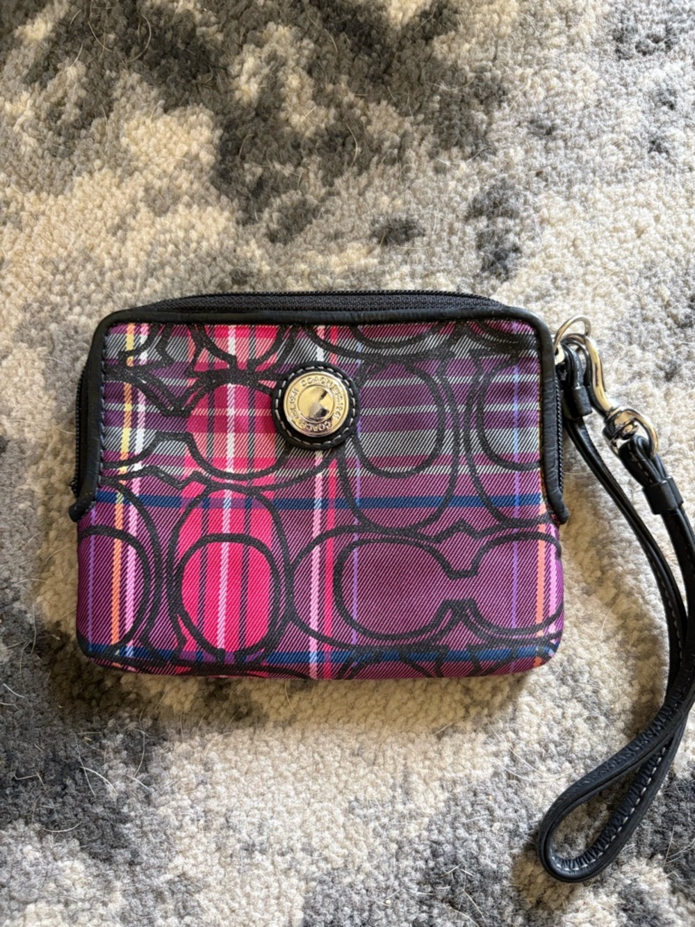 Coach Pink Plaid Signature Wristlet with Black Trim